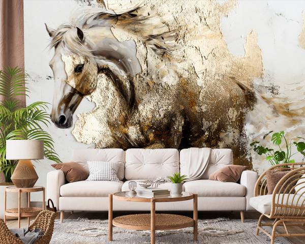 Papier Peint CHEVAL Béton Abstraction Beige - 270 x 180 x 180 cm