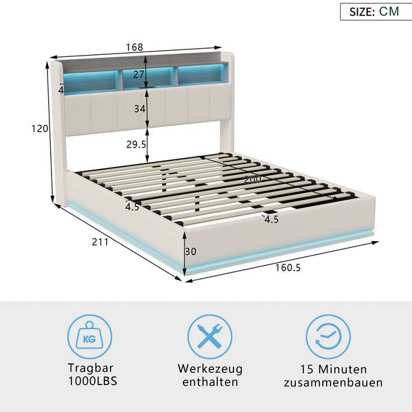 Boxspringbett Polsterbett HOAO Weiß - Metall - Massivholz - 168 x 120 x 211 cm