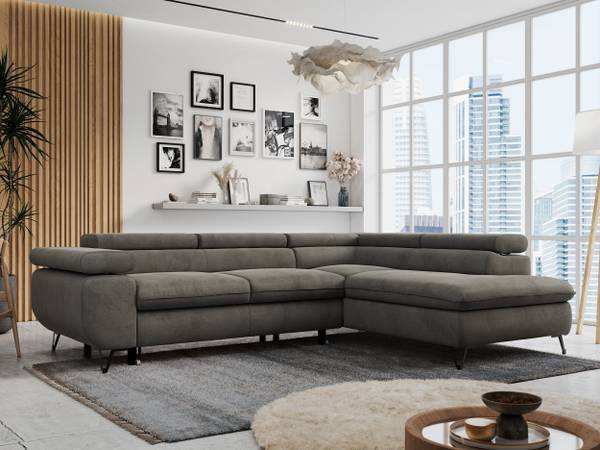 Ecksofa PETER L Grau - Ecke davorstehend rechts - Ottomane davorstehend rechts - Schlaffunktion davorstehend rechts
