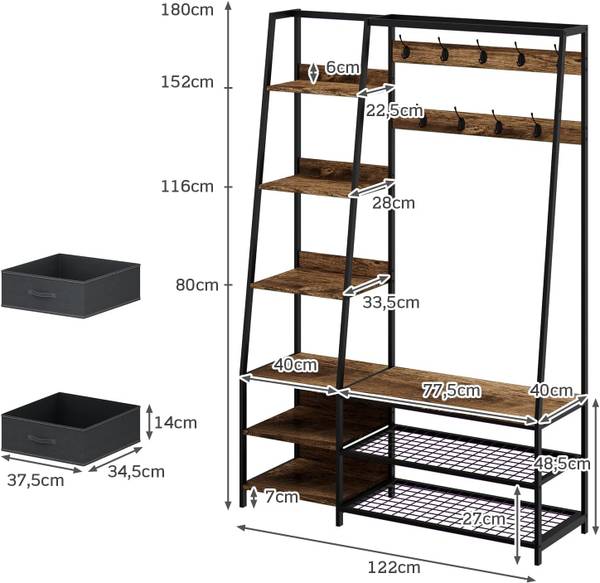Kledingkaststandaard TG32468 bruin - plaatmateriaal op houtbasis - 40 x 180 x 122 cm