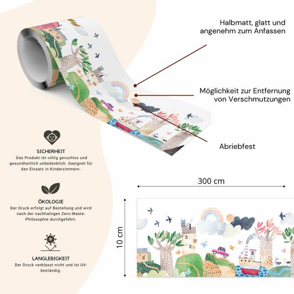 Tapetenbordüre für Kinder Bäume Gebäude Beige - Grün - Weiß - Fleece - 10 x 300 x 300 cm