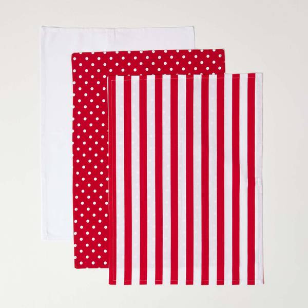 Geschirrtücher Set 3tlg Polka Dots rot Rot - Baumwollstoff - 50 x 1 x 70 cm