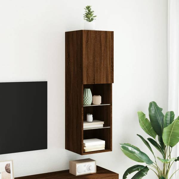 TV-Schrank mit LED-Leuchten D215 Eiche Schwarzbraun Dekor