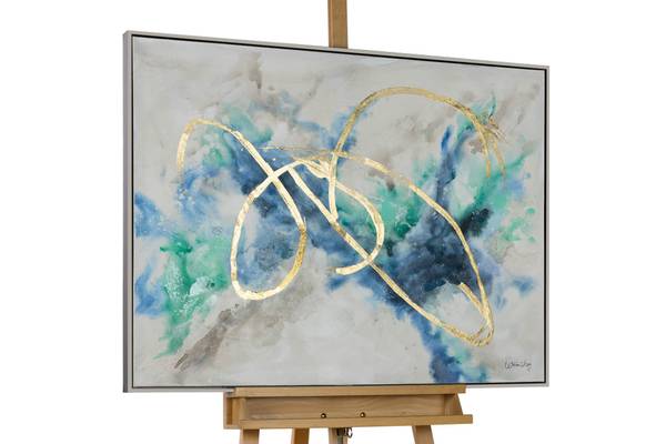 Peinture acrylique Tourbillon Ayden Gris - Turquoise - Coton - 103 x 78 x 5 cm