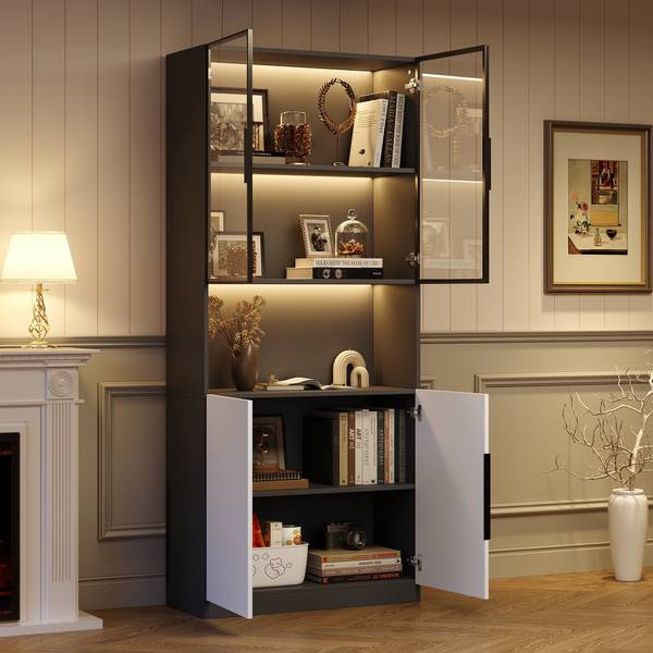 Vitrinekast Ourea Ⅲ wit - plaatmateriaal op houtbasis - glas - metaal - 30 x 200 x 80 cm