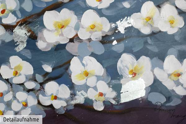 Acrylbild Handgemalt Blüten Zap Blau - Weiß - Baumwollstoff - 140 x 70 x 4 cm