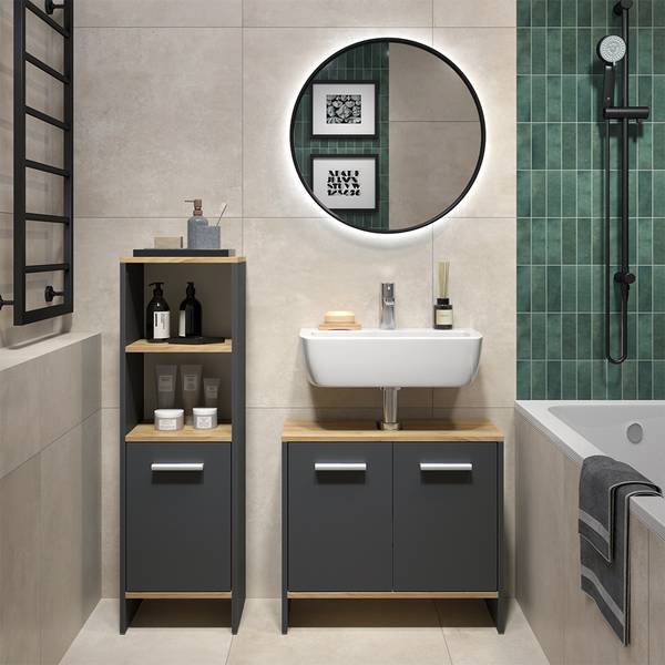 Badezimmermöbel-Set Karli 57971 2er Set Anthrazit - Eiche Dekor