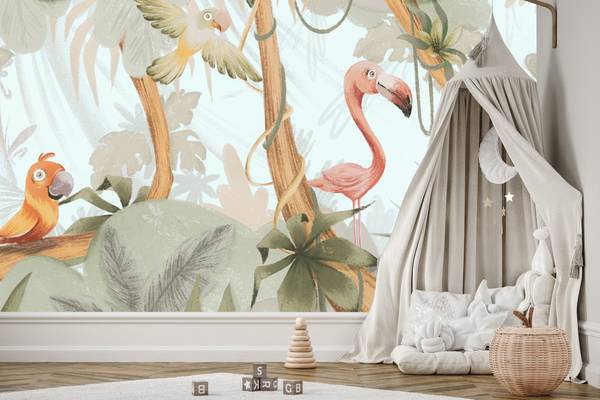 Papier Peint Pour Enfant OISEAUX Plantes Beige - 300 x 210 x 210 cm