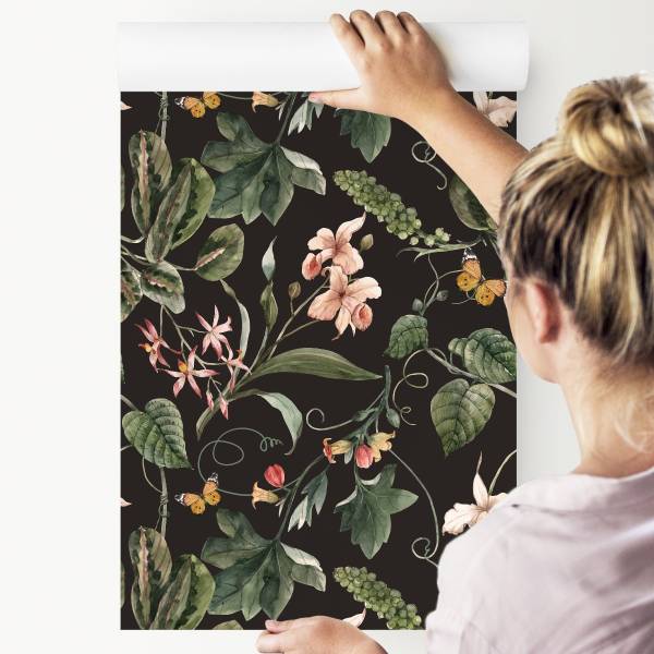 Tapete Aquarell BLÄTTER Blumen Natur Beige - Schwarz - Grün - Rot - Fleece - 53 x 1000 x 1000 cm