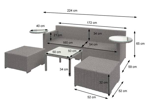 Polyrotan set J38 (4-delig) grijs - polyester - staal - polyethyleen - 172 x 65 x 59 cm