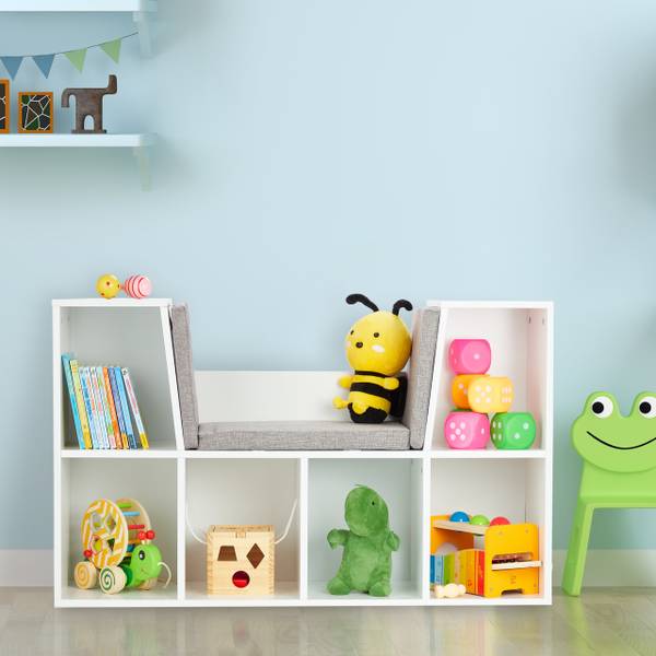 Bücherregal mit Sitzkissen Grau - Weiß - Polyester - 103 x 63 x 30 cm