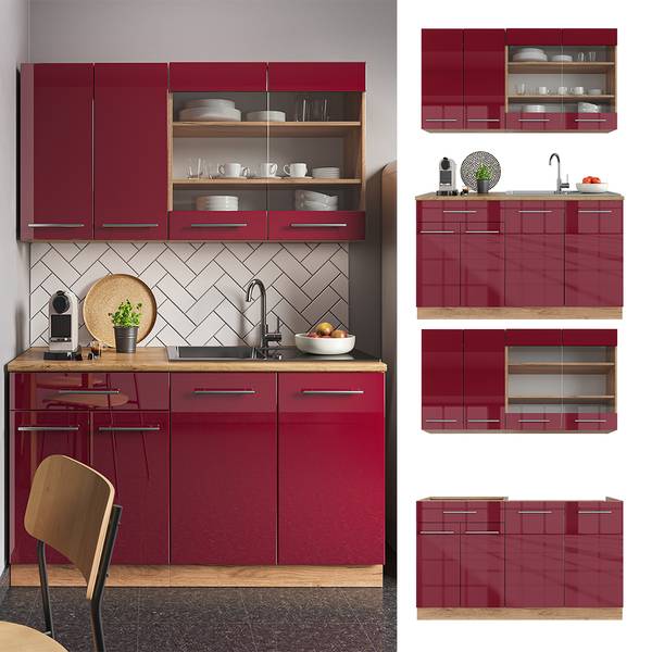Cuisine Fame-Line 42398 Bordeaux brillant - Imitation chêne