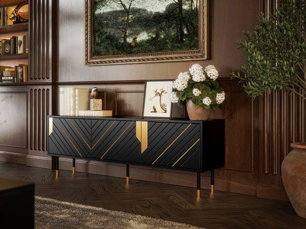 TV-Lowboard Mountain 3D 150 Schwarz - Gold - Holzwerkstoff - 154 x 55 x 40 cm