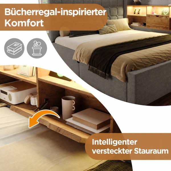 Polsterbett OK-Bett-013 mit Stauraum Grau - 200 x 140 cm
