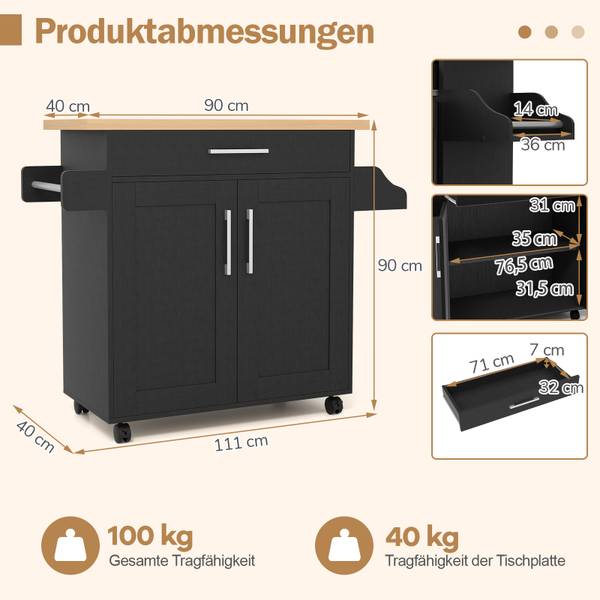 Küchenwagen WO70650 Schwarz - Holzwerkstoff - 40 x 90 x 111 cm