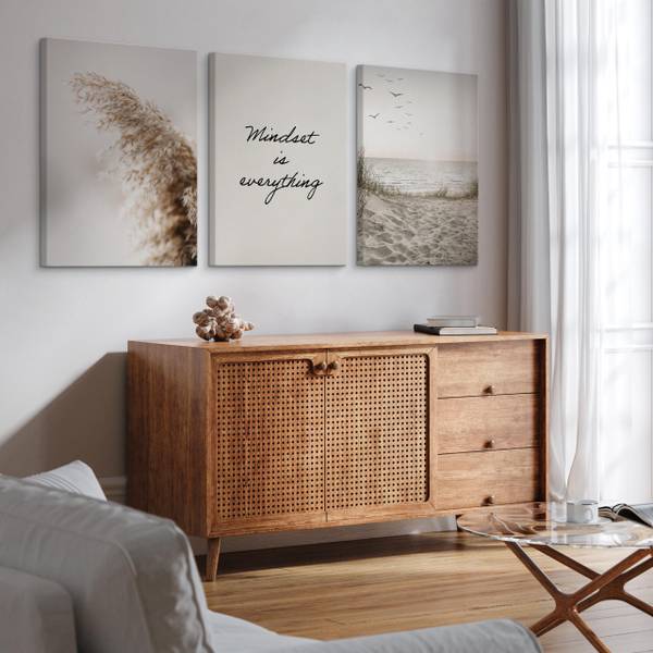 Set De Tableaux Plage Citation Plantes Beige - Noir - Vert - Lin - 90 x 40 x 40 cm