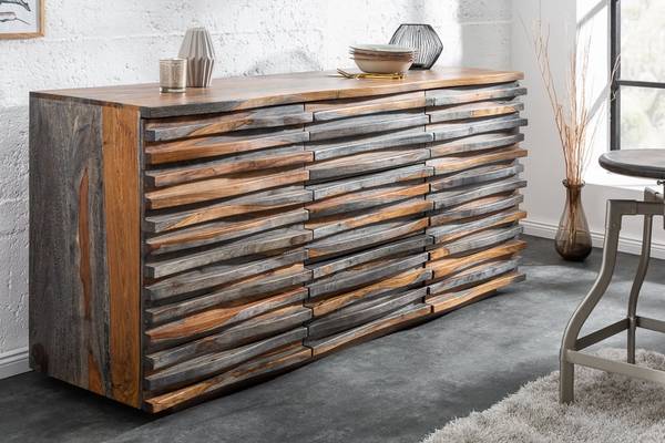 Sideboard RELIEF Braun - Grau - Sheesham - 160 x 75 x 45 cm