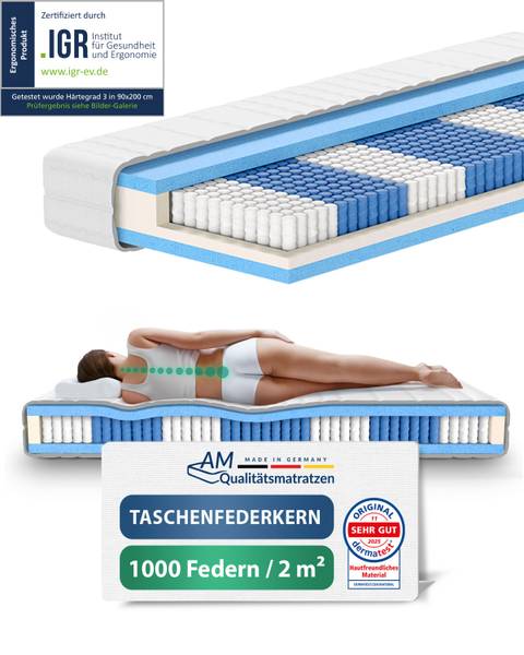 Taschenfederkernmatratze 1000 Federn 140 x 200 cm - H3