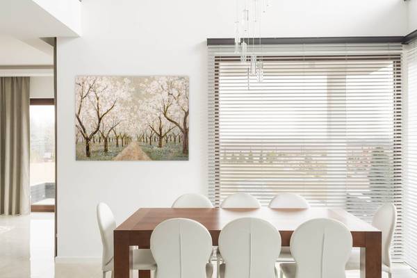 Tableau peint à la main Allée en Fleurs Marron - Blanc - Coton - 100 x 75 x 4 cm