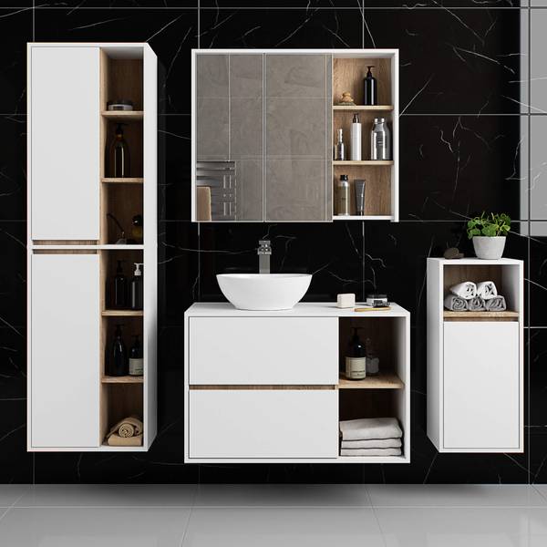 Armoire salle de bains VAMI W90 Marron - Blanc - Bois manufacturé - 90 x 75 x 15 cm