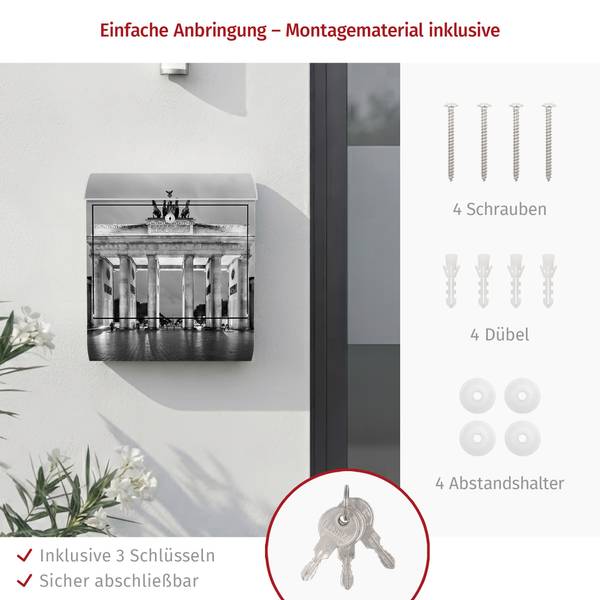 Briefkasten Brandenburger Tor Schwarz - Stahl - 39 x 46 x 13 cm