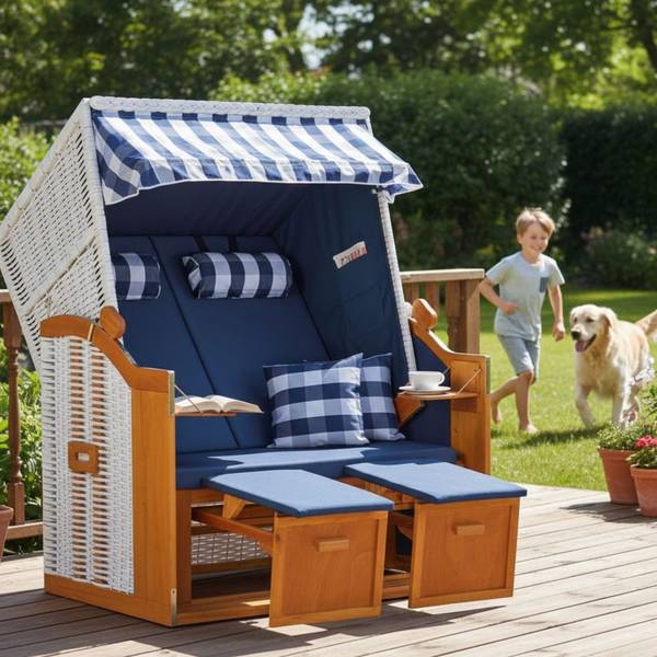 Strandkorb Ostsee 2-Sitzer Blau - Webstoff - Wacholder - 120 x 160 x 80 cm