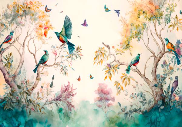 Vlies Fototapete Dschungel Gemalt Vögel 416 x 254 cm