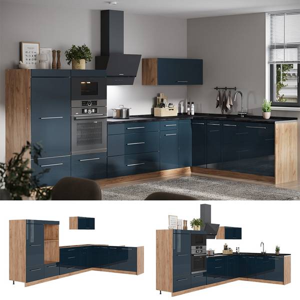 Eckküche Fame-Line 65715 Blau - Braun - Stahl - 347 x 154 x 60 cm