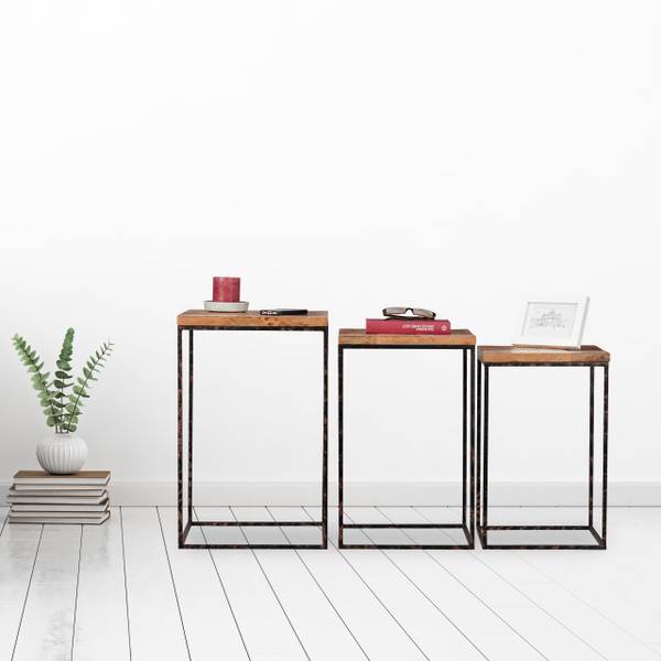Beistelltisch 3er Set Mangoholz Schwarz - Braun - Eisen - 36 x 56 x 36 cm
