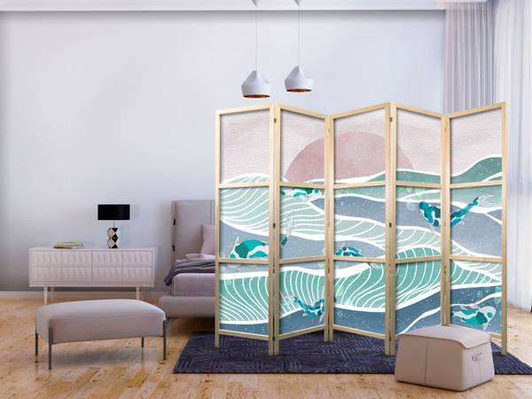Paravent Fisch Ozean Sonne 5-tlg Blau - Grün - Pink - Weiß - Holzwerkstoff - Textil - 225 x 172 x 3 cm