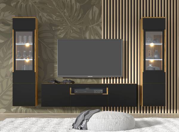 Vitrine AURA 37x33x150 Beige - Noir - ABS - Mélamine - 37 x 150 x 33 cm
