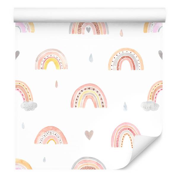 TAPETE Wolken Regenbogen Herzen Aquarell Beige - Grau - Rot - Weiß - Papier - 53 x 1000 x 1000 cm