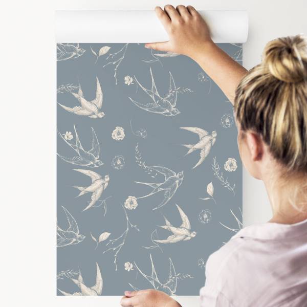 Tapete VÖGEL Schwalben Blumen Blätter Beige - Blau - Grau - Fleece - 53 x 1000 x 1000 cm