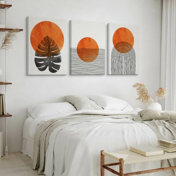 Leinwandbilder BLÄTTER Boho 3-er Set Beige - Schwarz - Orange - Leinen - 90 x 40 x 40 cm