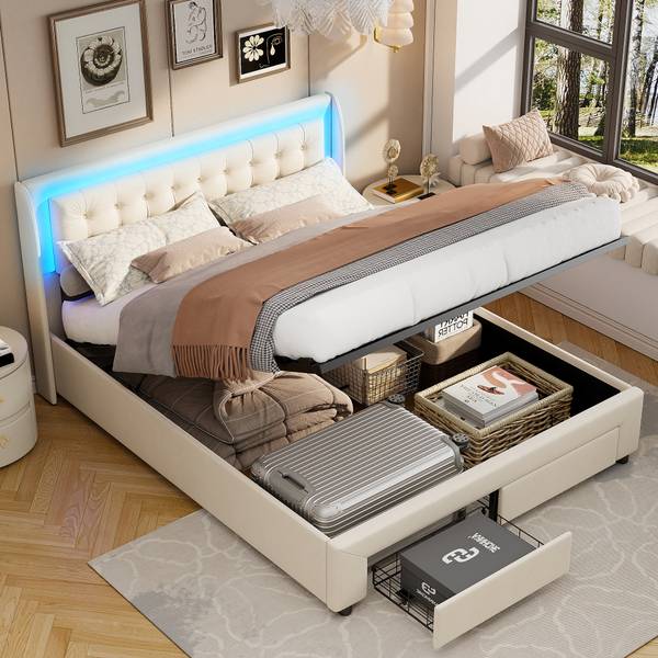 Boxspringbett MI-R02 mit Stauraum Beige - Metall - Massivholz - 165 x 100 x 203 cm