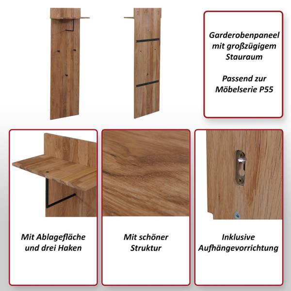 Garderobenpaneel P55 Braun - Eiche - 42 x 135 x 22 cm