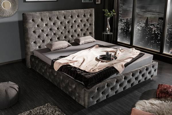 Doppelbett PARIS Grau - Grün - Polyester - Samt - Gummibaum - 190 x 138 x 220 cm