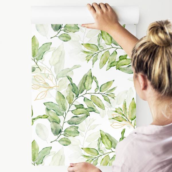 Papier Peint FEUILLES Aquarelle Nature Beige - Vert - Blanc - Polaire - 53 x 1000 x 1000 cm