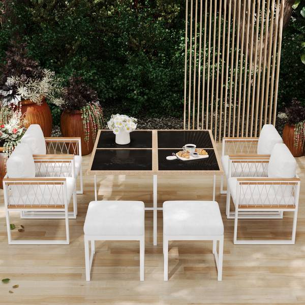 Garten-Essgruppe Anemoi 7-tlg Schwarz - Weiß - Polyester - Webstoff - Akazie - Eisen - 158 x 74 x 230 cm