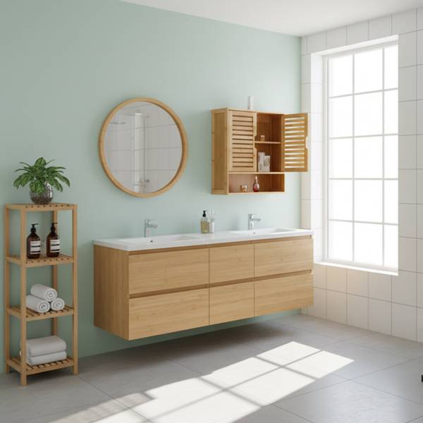 Hängeschrank Bad Braun - Bambus - Holzwerkstoff - 59 x 66 x 21 cm