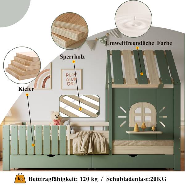 Hausbett Oneiros Ⅲ Grün - Holzwerkstoff - Massivholz - 95 x 152 x 204 cm