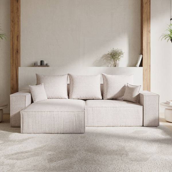 Ecksofa SENSO mit Schlaffunktion Hellbeige - Armlehne beidseitig montierbar - Ecke davorstehend links - Ottomane davorstehend links