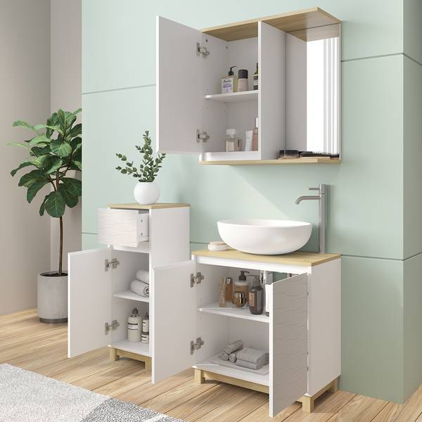 Meubles bain Livia 51806, lot de 3 Imitation chêne dakota - Blanc