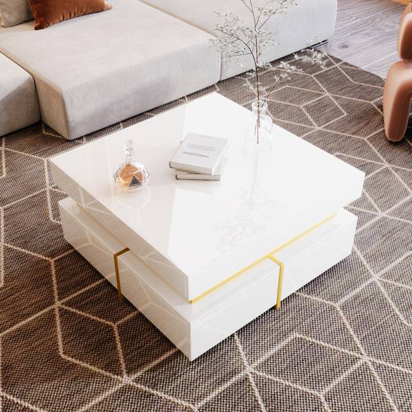 Salontafel Ourea Ⅳ wit glas - hoogglans wit - goud - wit