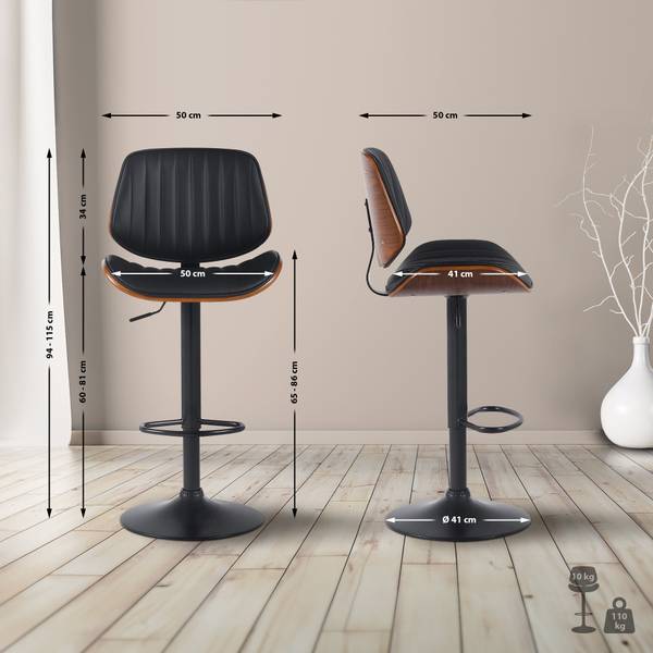 Barkrukken Clawson set van 2 zwart - walnoothouten look - zwart - set van 2 - kunstleer