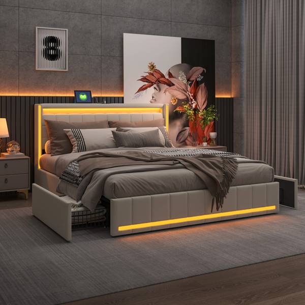 Polsterbett HYF-JY01 Beige - Metall - Massivholz - 188 x 100 x 213 cm