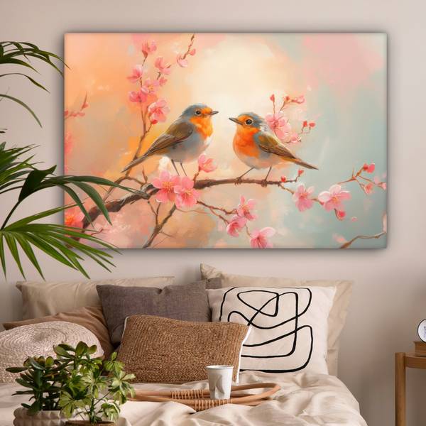 LEINWANDBILD Rotkehlchen Pink - Baumwollstoff - 120 x 80 x 2 cm