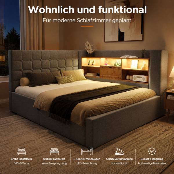 Polsterbett OK-Bett-013 mit Stauraum Grau - 200 x 140 cm