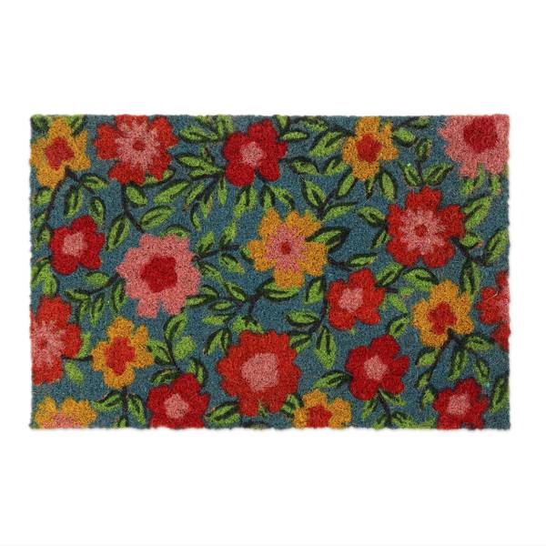 Deurmat bloemen blauw - groen - rood - natuurvezel - kunststof - 50 x 2 x 40 cm