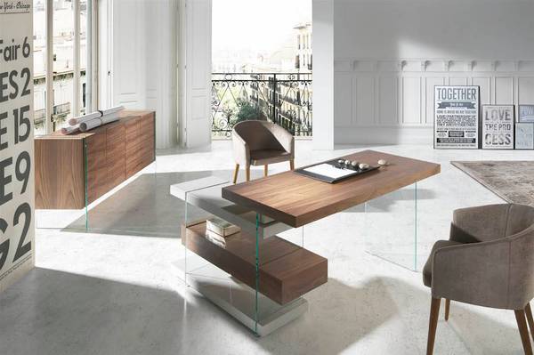 Bureau 3003 Marron - Gris - Noyer - Cristal - Verre de sécurité - 140 x 75 x 127 cm